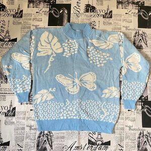 Michelle Louise Blue white butterfly sparkly mock neck knit sweater 90s vintage